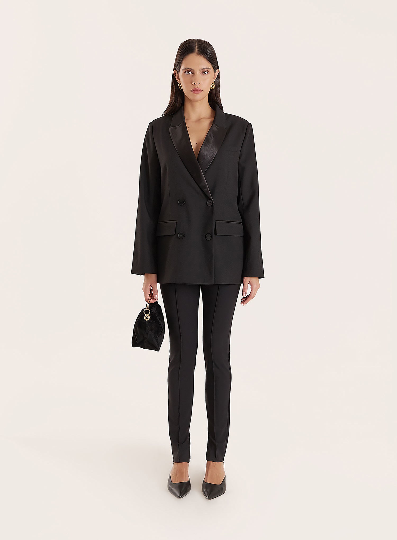 Black Satin Lapel Double Breasted Tuxedo Blazer